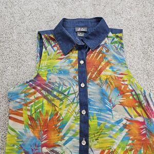 Vintage Dots Brand Sheer Sleeveless Blouse Women's Size Medium Tropical Denim